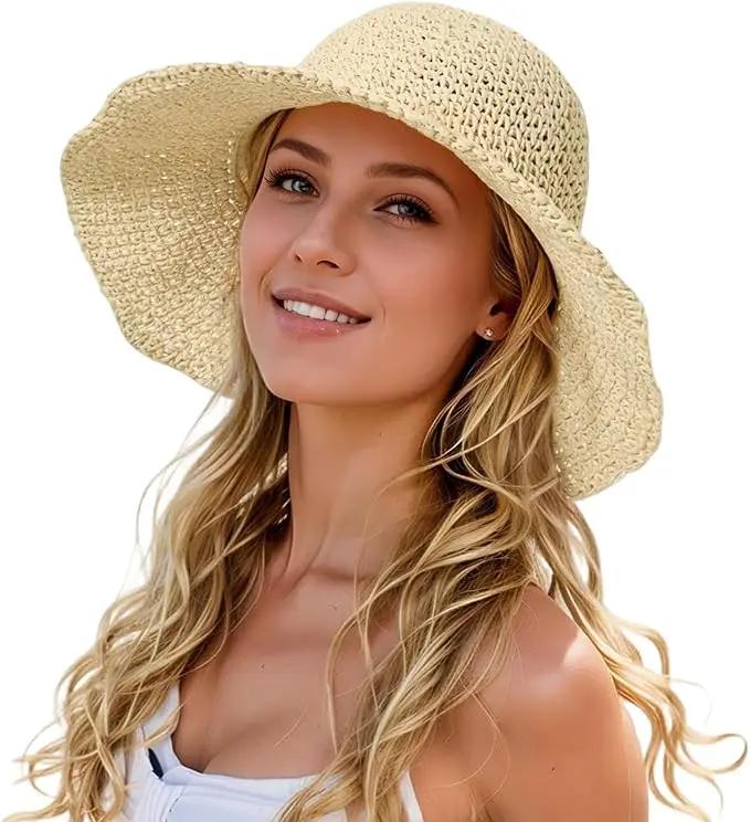 Womens Straw Beach Sun Hats, Foldable Packable Floppy Handmade Crochet Hats for Women,Large Summer Vacation Wide Brim Hat by GreenHaven Gardens