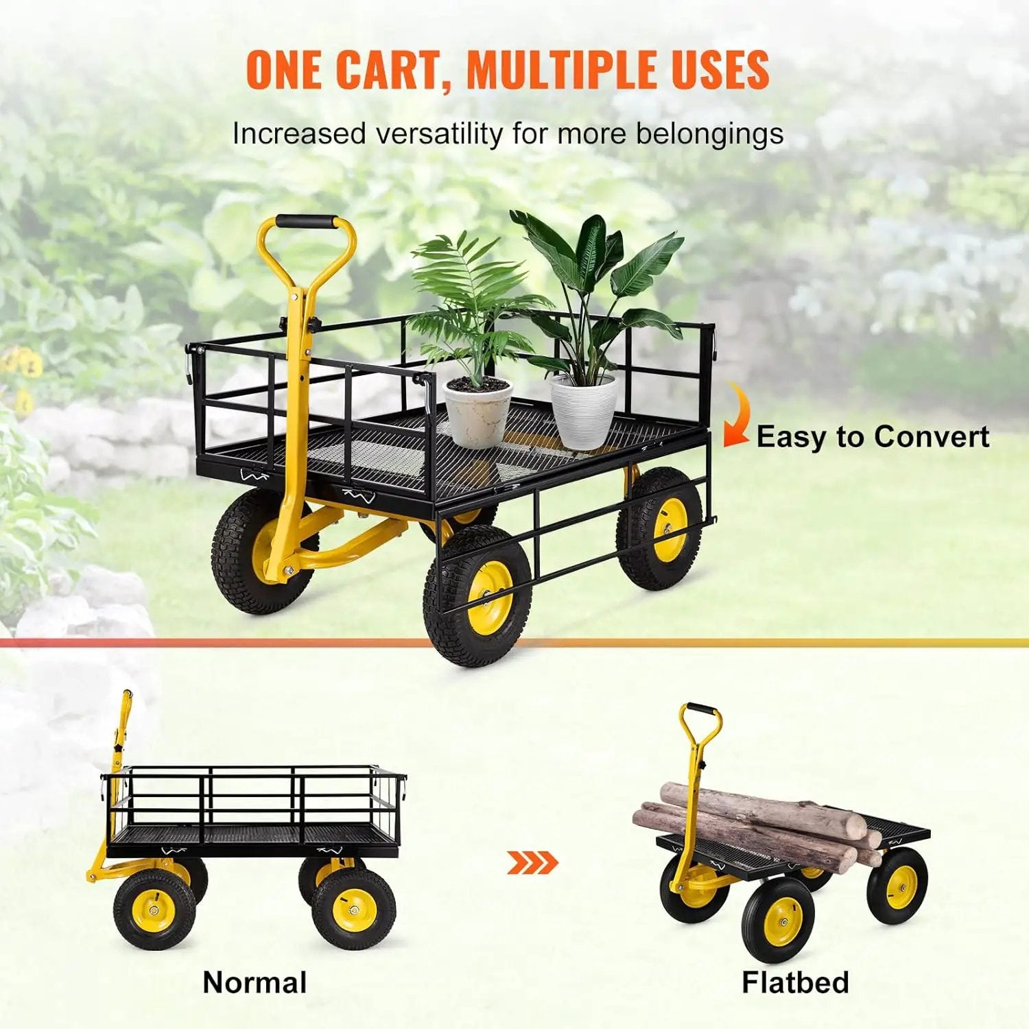 VEVOR Steel Garden Cart, Heavy Duty 1200 lbs Capacity, with Removable Mesh Sides to Convert into Flatbed, Utility Metal Wagon with 2-in-1 Handle and 13 in Tires, Perfect for Garden, Farm, Yard by GreenHaven Gardens