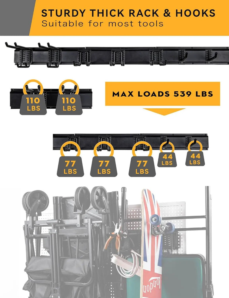 Wall Mount Garden Tool Organizer - 48 Inch Max Load 539lbs, Garage Storage with 7 Heavy Duty Hooks and 4 Cable Ties, Power Tool Organizer Rack by GreenHaven Gardens