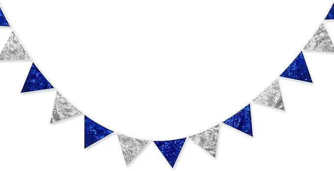 Pinkblume Silver Blue Double Sided Sequin Fabric Triangle Pennant Banner Flag Bunting Garland for Nautical Ahoy Anchor Theme Nursery Home Classroom Wall Decor by GreenHaven Gardens