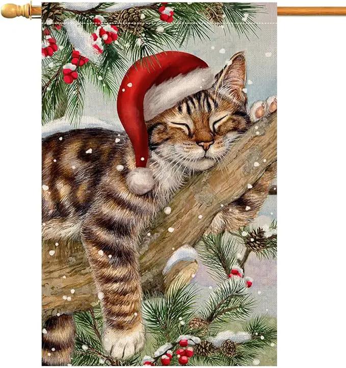 BLKWHT Winter Cat House Flag 28 x 40 Vertical Double Sided Christmas Holiday Outside Decorations Burlap Yard Flag BW738-40 by GreenHaven Gardens