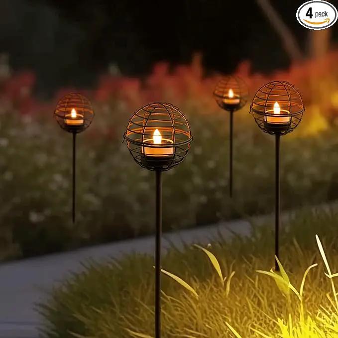 Solar Pathway Lights Outdoor, Rust Iron Ball Candle Holder Stake with Flickering Solar Powered Tea Lights, Perfect Decorative Garden Lighting for Yard Lawn Patio Landscape Decor Outside-4Pack by GreenHaven Gardens