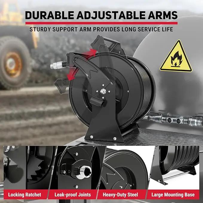 Retractable Fuel Hose Reel 1" x 50' with Fueling Nozzle, 300 PSI Heavy Duty Steel Construction Industrial Auto Swivel Spring Driven Diesel Hose Reel for Aircraft Ship Vehicle Tank Truck, Black by GreenHaven Gardens