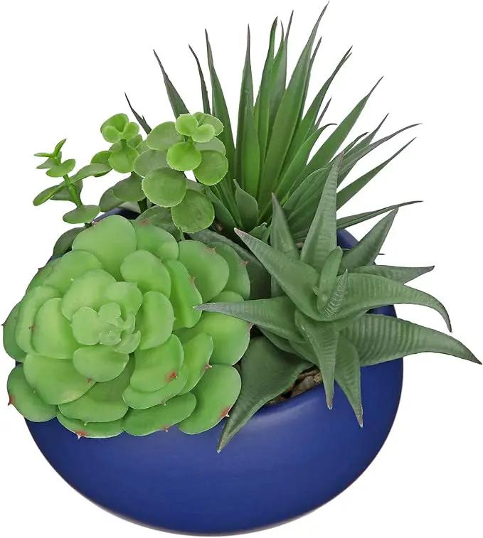 Fake Plants Artificial Succulents in Pots Faux Succulent Arrangement Potted Plant with Blue Ceramic Pot for Home Decor Modern Office Desk Bathroom Shelf Living Room Indoor & Outdoor Decoration by GreenHaven Gardens