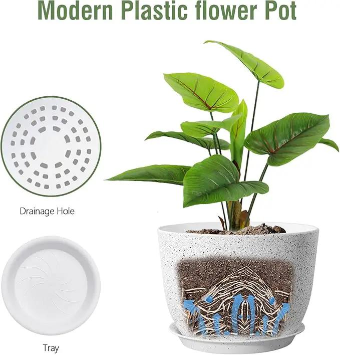 Plant Pots 12 inch, Plastic Planters with Drainage Holes and Saucers, Large Flower Pots for Indoor Outdoor Plants, Modern Decorative Pots for Garden House Plants, Speckled White by GreenHaven Gardens