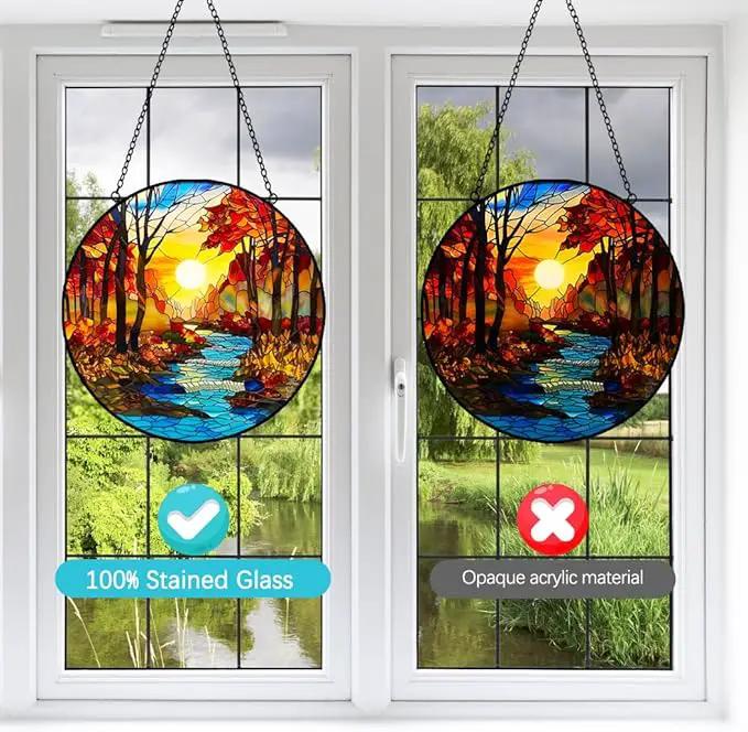 Sunrise Tree and River Landscape Stained Glass Suncatcher for Window Hanging - Sunrise Painting Sun Catcher Window Ornaments with Metal Chain and Hook - Decor Gift for Mom Wife Husband Nature Lovers by GreenHaven Gardens