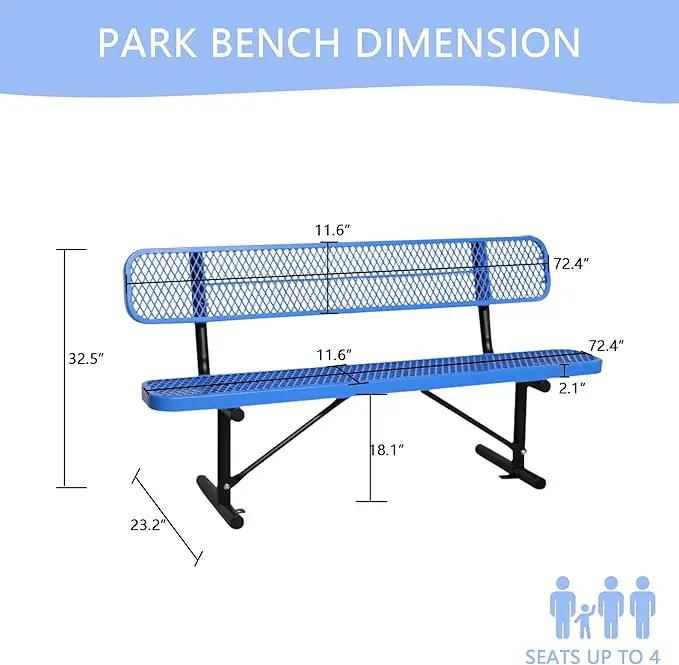 6FT Outdoor Benches Heavy Duty Park Bench with Back Portable Frame, Blue Metal Steel Bench, Outdoor Garden Bench Expanded Metal Mesh Bench for Lawn, Park, Deck, Garden, Patio, Porch, Black (Blue, 6FT) by GreenHaven Gardens