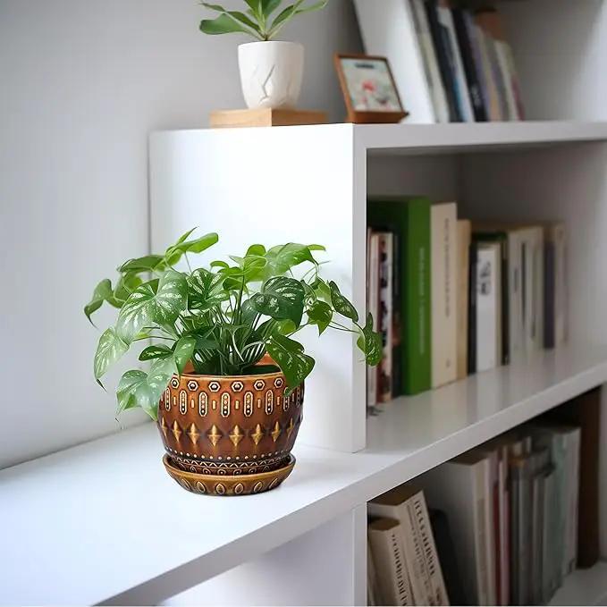 G EPGardening 5.5 Inch Plant Pot - Ceramic Planter for Indoor Outdoor Plants, Boho Round Indoor Flower Pot with Drainage Hole and Saucer, Housewarming Gifts, Garden Home Room Decor, Brown by GreenHaven Gardens