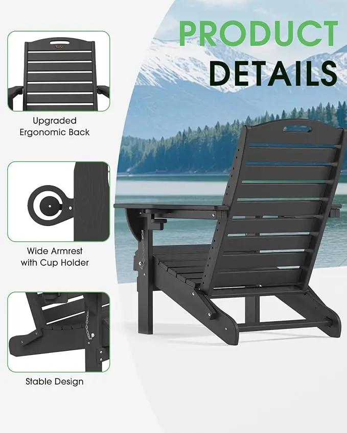 Folding Adirondack Chair HDPE All-Weather Adirondack Chairs with Cup Holder, Outdoor Fire Pit Chairs Lawn Chair for Deck Patio Garden (Black) by GreenHaven Gardens