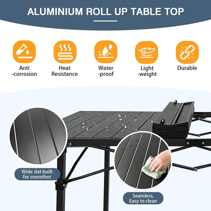 Large Folding Camping Table Aluminum for 5-7 People 55"X27.5" Roll Up Tall Outdoor Portable Table Lightweight with Carry Bag for Picnic BBQ Backyard Beach Black by GreenHaven Gardens