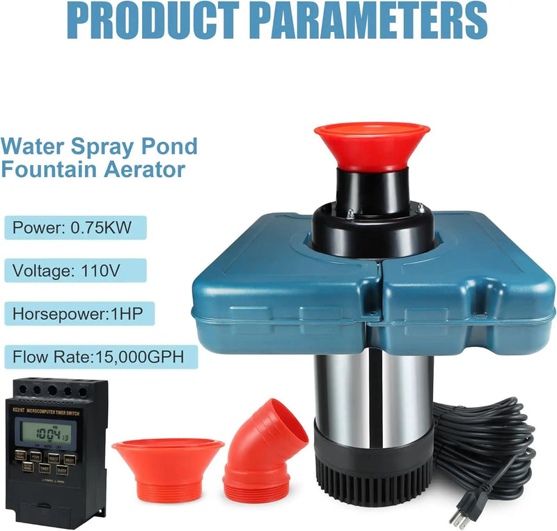 Goldlife Pond Fountain Aerator, F2-2 1HP 750W 110V Stainless Steel Floating Fountain With 100 Feet Power Cord, Aerating Fountain Pond Cascade Pump for Small Large Ponds Lake Jet System by GreenHaven Gardens