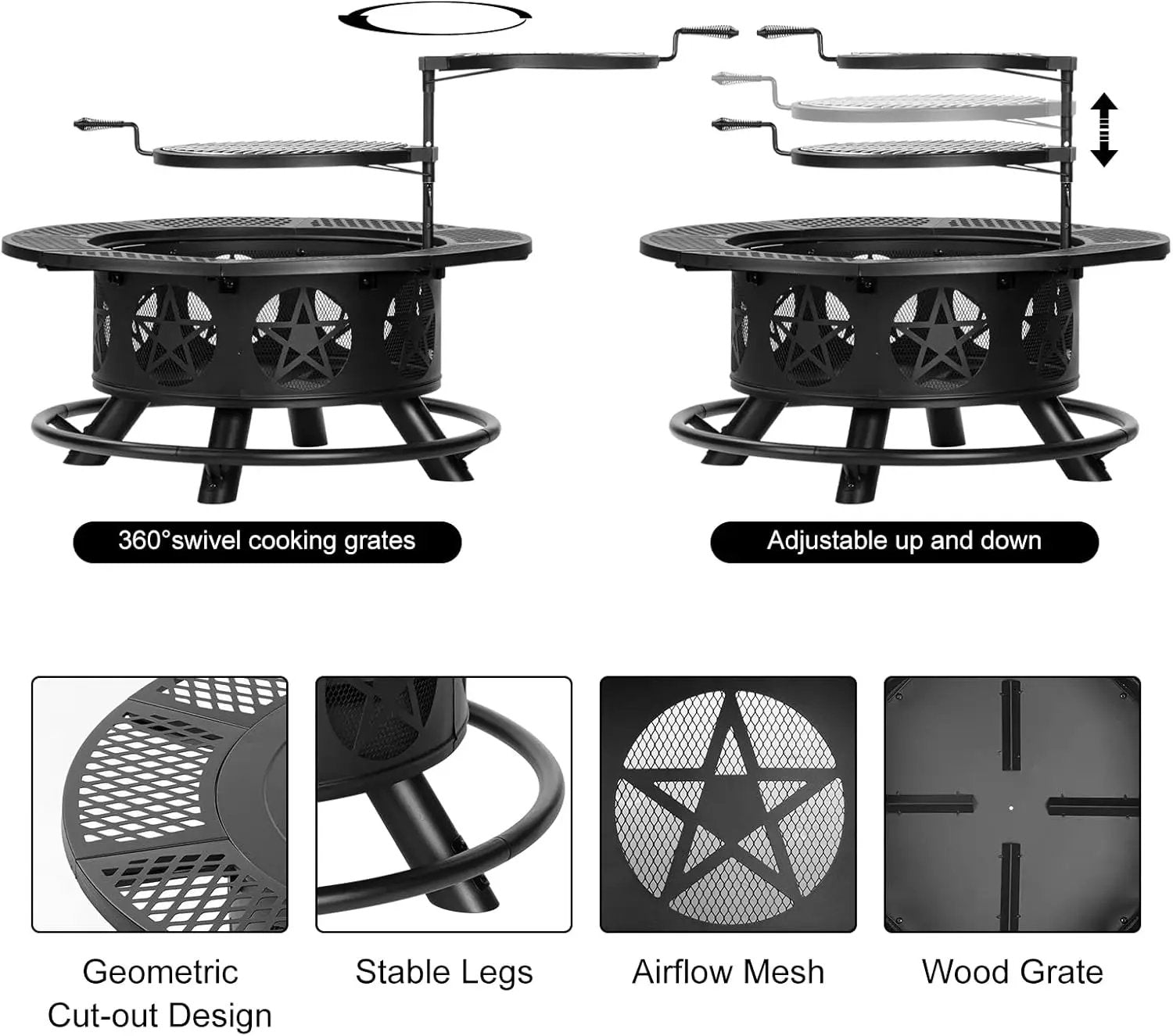36 Inch Fire Pit with 2 Grills, Wood Burning Fire Pits for Outside with Lid & Poker, BBQ& Outdoor Firepit & Round Metal Table 3 in 1 for Patio, Picnic, Party by GreenHaven Gardens