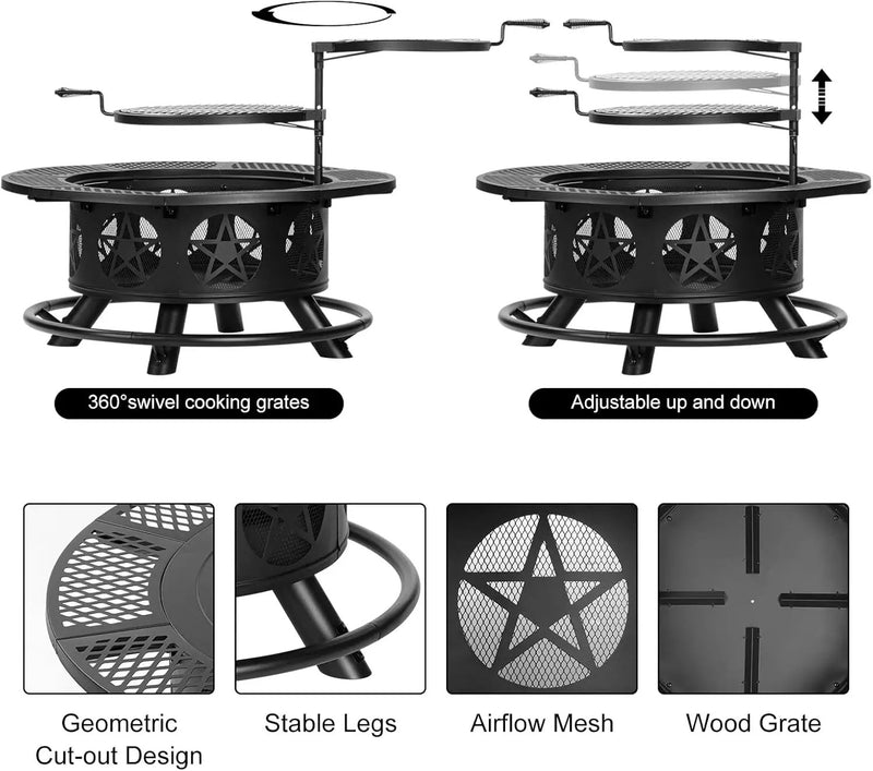 36 Inch Fire Pit with 2 Grills, Wood Burning Fire Pits for Outside with Lid & Poker, BBQ& Outdoor Firepit & Round Metal Table 3 in 1 for Patio, Picnic, Party by GreenHaven Gardens