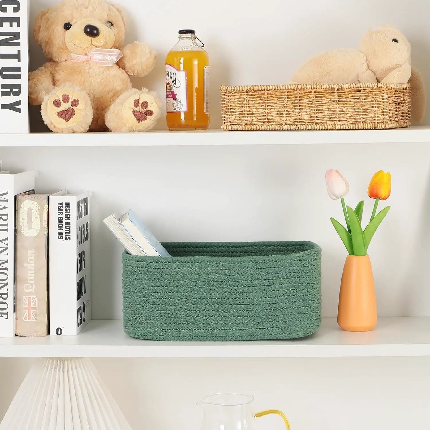 Small Storage Baskets for Organizing | Closet Organizer Bins | Shelf Toy Basket | Woven Rope Baskets | Cube Decorative Box | Shallow Basket | 11.5x7.5x4.7” | 3 Packs Green by GreenHaven Gardens