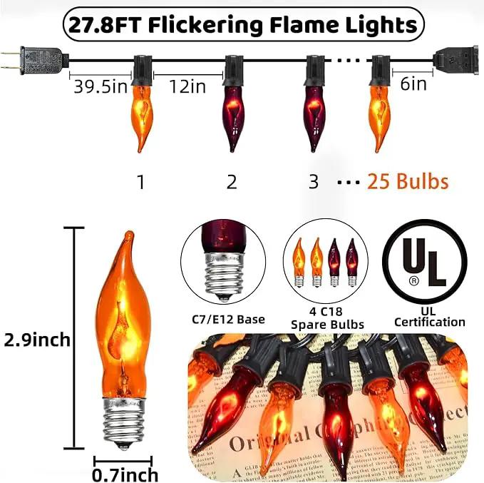 27.8 FT Halloween Decorations, C7 Clear Orange and Purple Halloween Lights, Flickering Flame String Lights Outdoor, E12 Screw Base, Flame String Lights for Halloween Garden Patio Party Decor, Black by GreenHaven Gardens