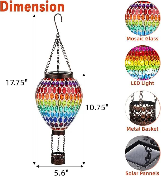 VOREEN Hot Air Balloon Solar Lantern, Mosaic Solar Outdoor Hanging Wind Light, Waterproof, Patio Festive Decor, Easter Gifts for Mom Father Grandma, Rainbow Pattern by GreenHaven Gardens