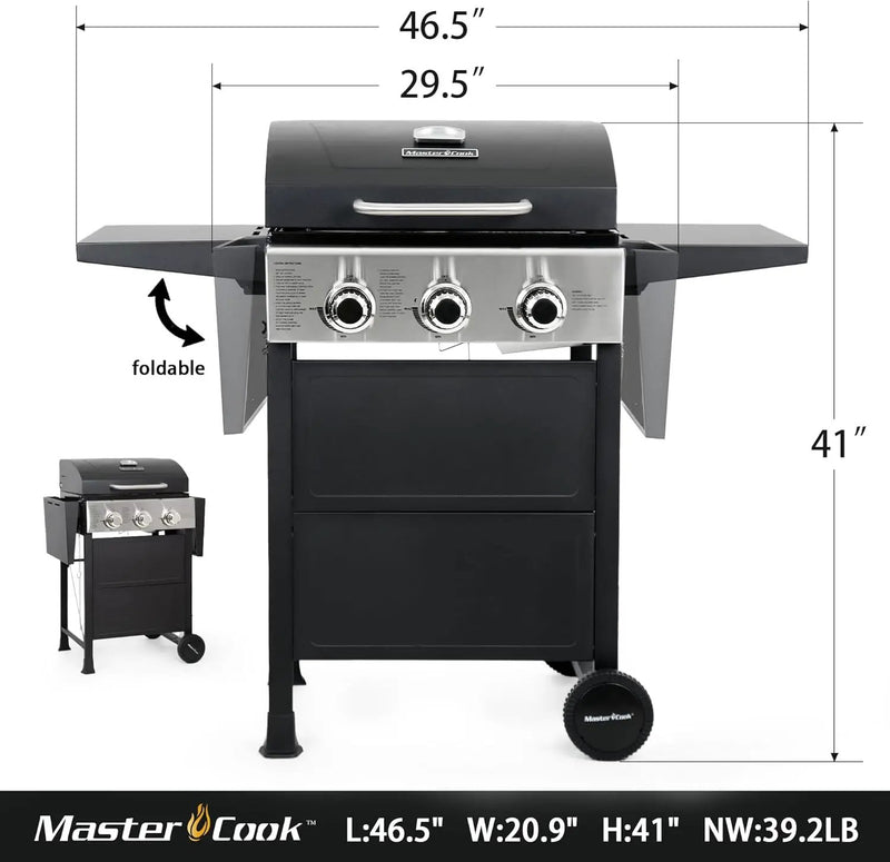 MASTER COOK 3 Burner BBQ Propane Gas Grill, Stainless Steel 30,000 BTU Patio Garden Barbecue Grill with Two Foldable Shelves by GreenHaven Gardens