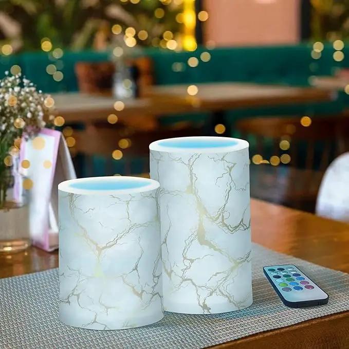 Flickering Flameless Candles, Marble Gray White Golden Texture LED Candles with Remote Timer, Set of 2 Battery Operated Candle for Valentine Wedding Birthday by GreenHaven Gardens