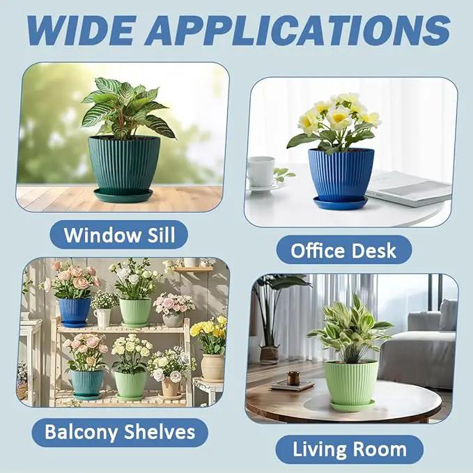 6 Pack Plant Pots with Drainage Holes and Saucers 6 Inch Plastic Planter with 3 Colors Indoor and Outdoor Flower Pots by GreenHaven Gardens