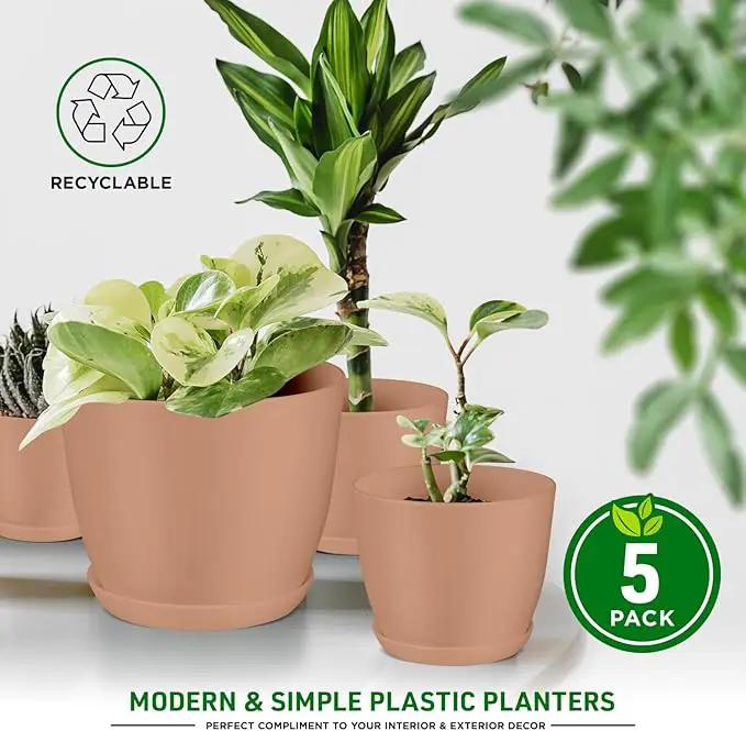 Planter Pots with Drainage Holes - Lightweight, Durable, and Space-Saving Pots for Indoor and Outdoor - Versatile Functionality, Simple Modern Design, Set of 5 Plastic Planter Pots - Pink by GreenHaven Gardens