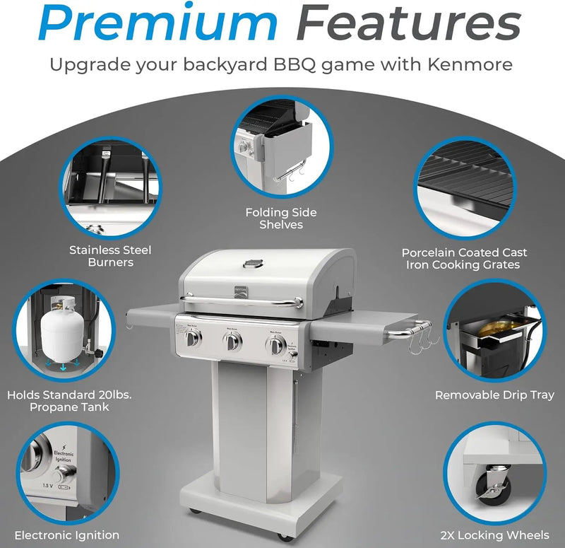 Kenmore 3-Burner Outdoor BBQ Grill | Liquid Propane Barbecue Gas Grill with Folding Sides, PG-A4030400LD-PE, Pedestal Grill with Wheels, 30000 BTU, Pearl White by GreenHaven Gardens