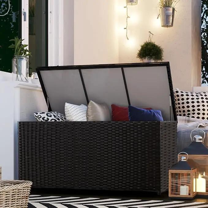 Outdoor 70 Gallon Wicker Storage Box with Waterproof Liner, Patio PE Rattan Storage Container for Outside, Deck Box with Hinged Lid for Cushions, Pillows, Towels, Horizontal Bin, Black by GreenHaven Gardens
