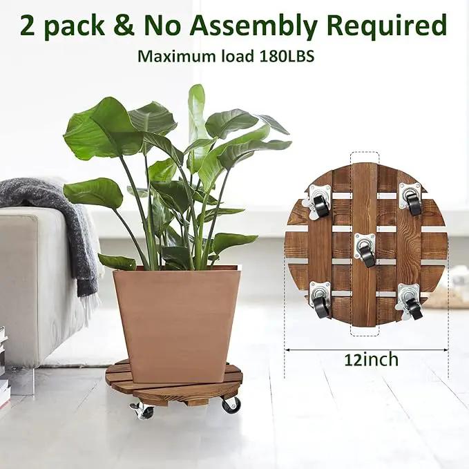 Yangbaga 2pack Plant Caddy 12’’Wood Duty Rolling Plant Stand with 2 360° Lockable Caster Wheels,Indoor Outdoor on Roller Patio/Flower Pot/Succulent Pots by GreenHaven Gardens