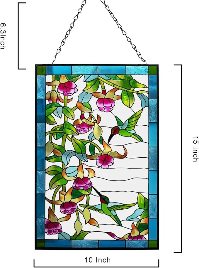 VEWOGARDEN W10xH15 inch Hummingbird Stained Glass Window Hangings, Suncatcher Panel with Chain for Wall or Windows by GreenHaven Gardens