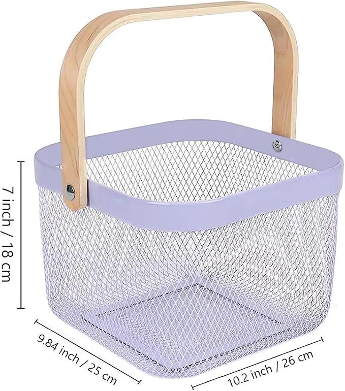 Metal Mesh Steel Basket, Storage Organizer Basket Multi-functional Hanging Kitchen Baskets Fruit Basket Bin with Bamboo Handle for Kitchen Bathroom Picnic Shopping Decor Cabinet Home, Purple by GreenHaven Gardens
