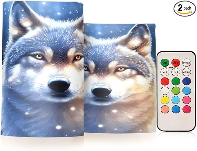 Flickering Flameless Candles, Wolf Snowy LED Candles with Remote Timer, Set of 2 Battery Operated Candle for Valentine Wedding Birthday by GreenHaven Gardens