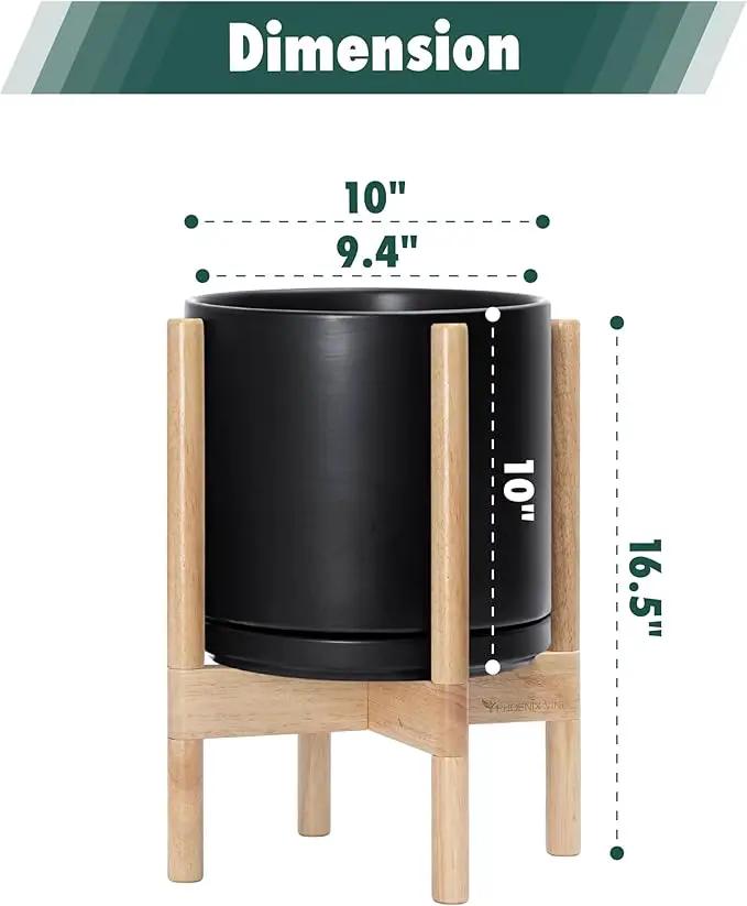 D'vine Dev Ceramic Planter with Natural Stand - 10 Inch Modern Round Flower Pot with Wood Planter Holder, Black, 55-B-K-2 by GreenHaven Gardens