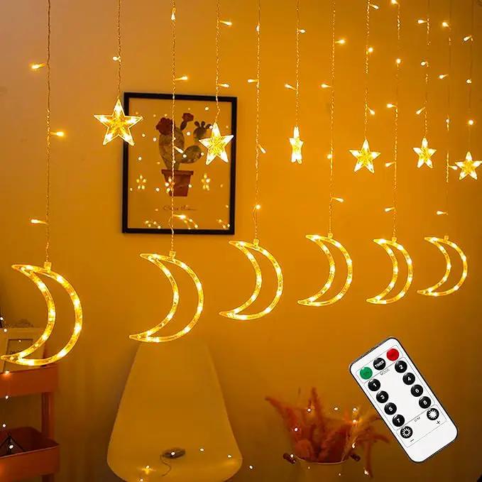 Dazzle Bright Ramadan Curtain String Lights, 138 LED 6.7ft x 3.2ft Warm White Star Moon 8 Lighting Modes Fairy Lights with Remote for Bedroom Wall, Wedding, Outdoor Party, Ramadan Decorations by GreenHaven Gardens