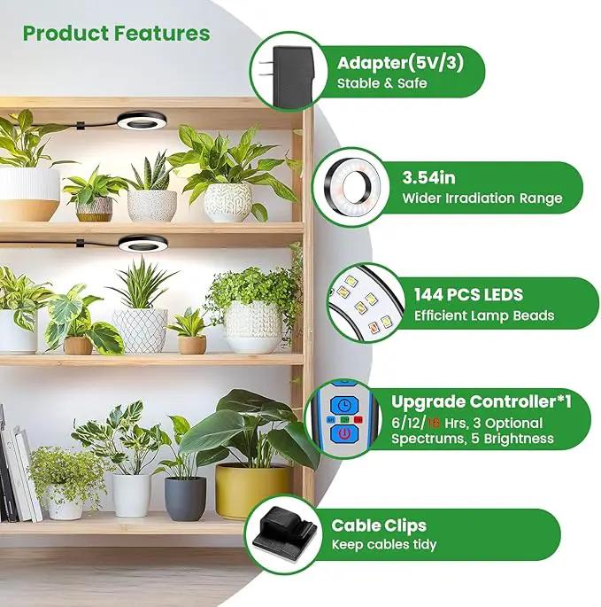 Wiaxulay Grow Lights for Indoor Plants, 144 LEDs Full Spectrum LED Plant Grow Light, 5V/3A Under Cabinet Grow Lamp with Auto Timer 6/12/16 Hrs, 3 Lighting Mode, 5 Brightness Levels, Tri Head (3.5in) by GreenHaven Gardens