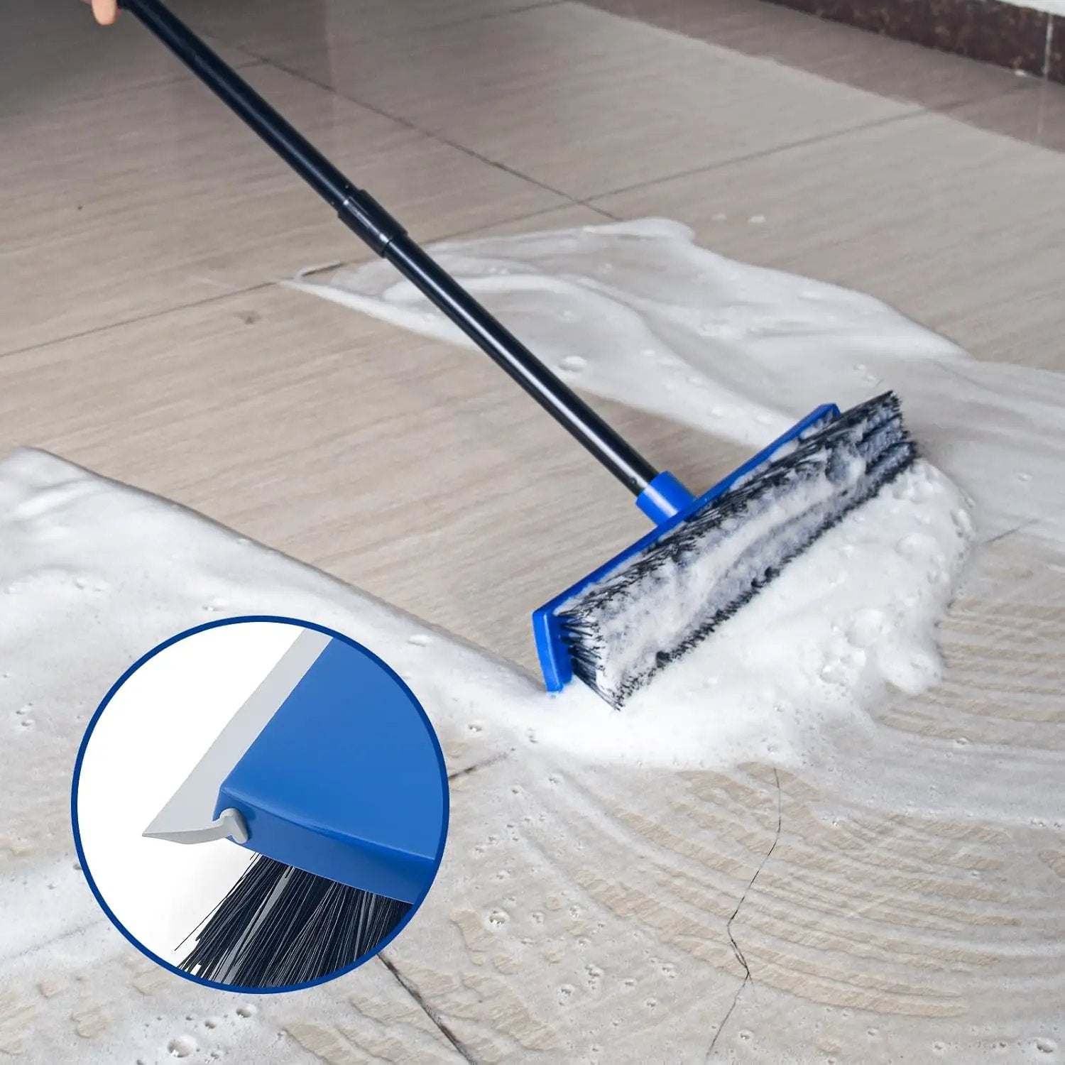 16 Inch Push Broom Outdoor 2 in 1 with Rubber Squeegee and Stiff Bristle Deck Brush 58" Long Handle for Deck Patio Garage Warehouse Driveway Concrete Floor Cleaning Scrubbing(Blue) by GreenHaven Gardens