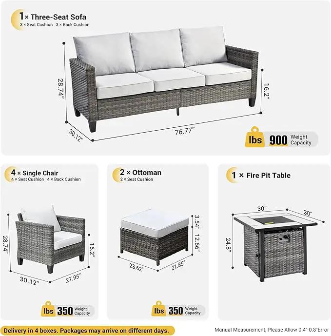 ovios 8 Pieces Patio Furniture Set with 30" Fire Pit Table, Outdoor Wicker Sofa with Comfy Cushions, All Weather High Back Rattan Couch Conversation Set, Grey by GreenHaven Gardens