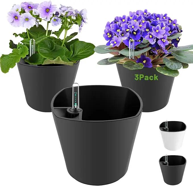 Self Watering Planters for Indoor Outdoor Plants 7 inch Flower Pot with Water Level Indicator Grey 3 Pack African Violet Self Watering Pots for All Orchid agave etc. House Plant Plastic Planter by GreenHaven Gardens