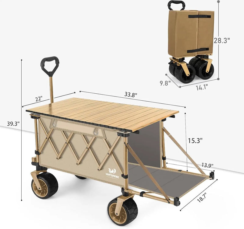 Whitsunday Collapsible Folding Wagon with Table,Heavy Duty Utility Beach Wagons with Opened Tailgate and All-Terrain Wheels for Camping,Garden,Sports Khaki by GreenHaven Gardens