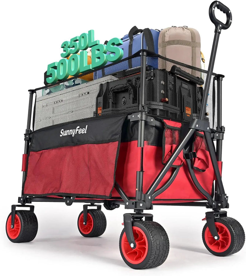 SUNNYFEEL Heavy Duty Collapsible Outdoor Utility Wagon Cart 500LB Capacity Adjustable Handlebar,Foldable Beach Wheels Stable Durable Oxford Fabric for Shopping Garden Camping (Red, Tall Version) by GreenHaven Gardens