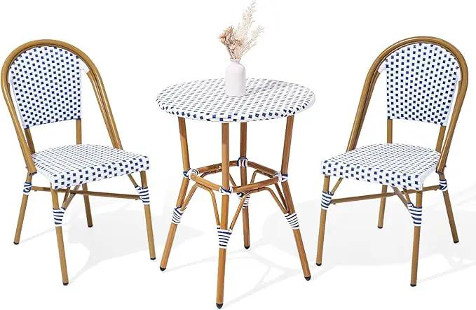 3 Piece French Wicker Bistro Set, Patio Bistro Set with Table and 2 Dining Chairs, All Weather ‎Outdoor ‎Bistro Set with Aluminum Frame, Outdoor Patio Set for Patio Porch Cafes Yard, Navy and White by GreenHaven Gardens