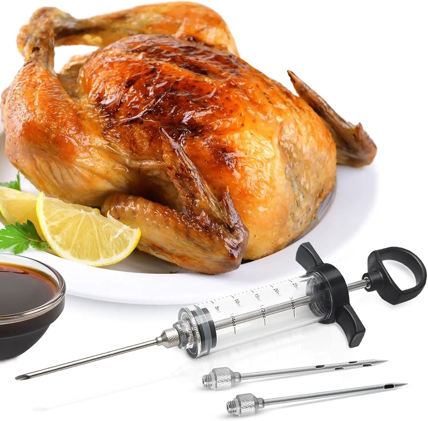 Plastic Meat Injector Kit for Smoker with 3 Flavor Food Syringe Needles, Ideal for Injecting Marinade into Turkey, Meat, Brisket; 1-OZ; Including Paper User Manual, Recipe E-Book (PDF) by GreenHaven Gardens