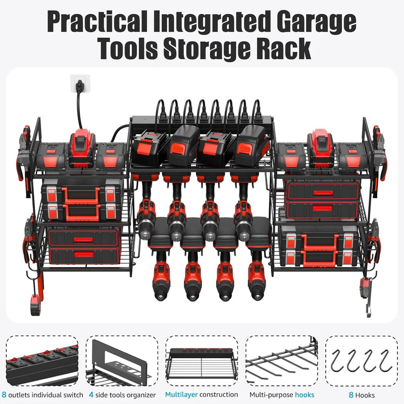 CCCEI Black Power Tool Organizer Wall Mount, Large Tools and Battery Storage Rack Charging Station Individual Switches. Drills Holder, Garage Utility Shelves with 10FT Power Strip. Gift for Men. by GreenHaven Gardens