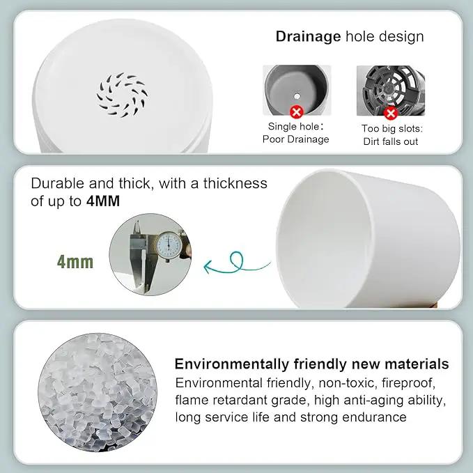 3 Pack 6/5/4 inch Cylindrical Flower Pots, Modern Small Round Plastic Plant Pots with Drainage Holes & Saucers, Clean and Refined Planter Pots for Outdoor, Indoor & Office Decor (White Brown) by GreenHaven Gardens