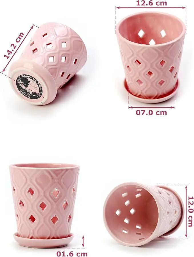 Whispering Winds Ceramic 5 x 6 Inch Orchid Pot with Holes & Saucer for Aeration and Drainage - Decorative Orchid Pots for Repotting, Prevent Over Watering & Root Rot (Cavern Pink) by GreenHaven Gardens