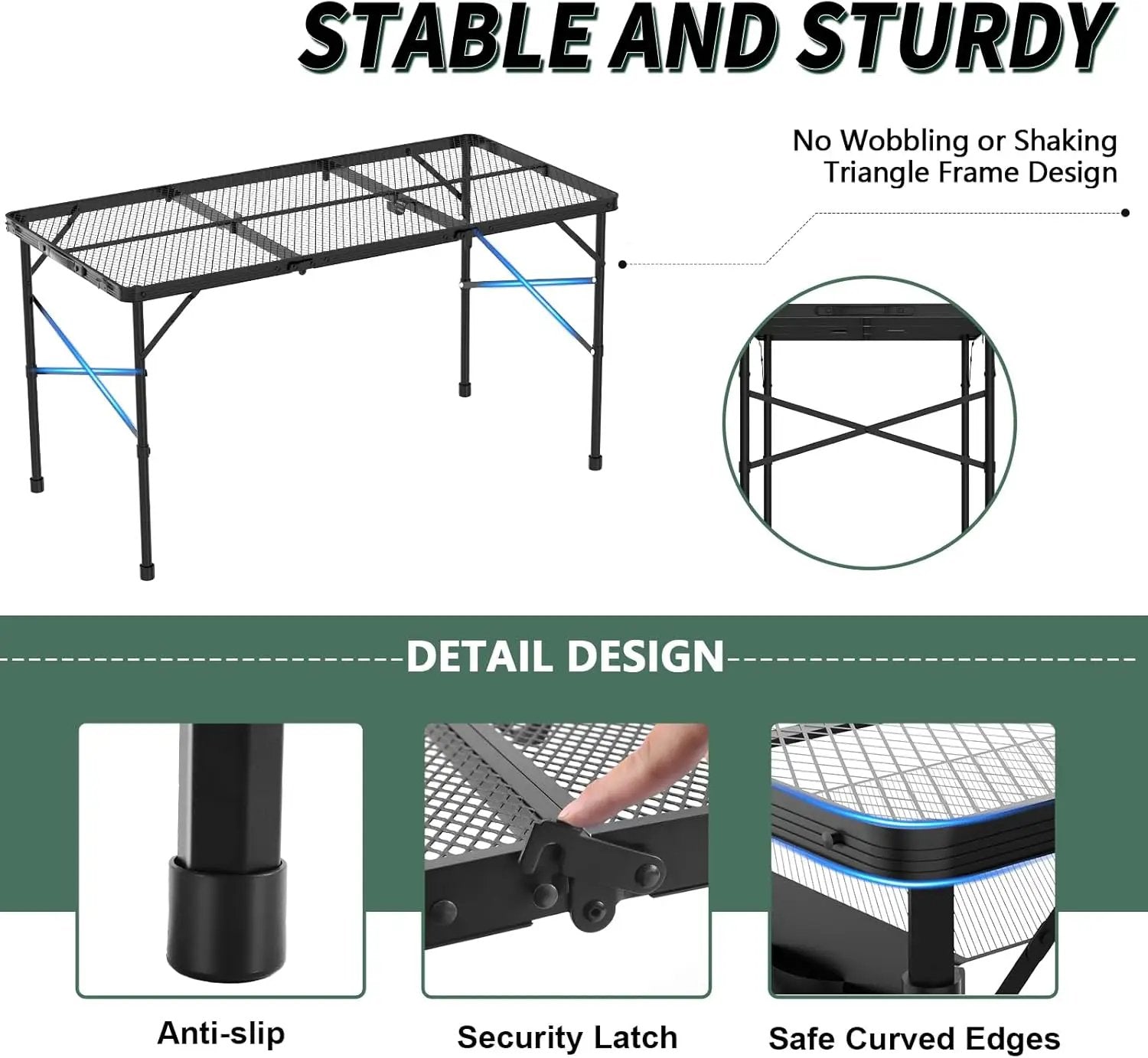 Folding Gril Table, 4x2 FT Camping Table with Mesh Desktop,Height Adjustable Folding Grill Table with Mesh Bag,Portable Outdoor for Picnic,Camping,BBQ,Beach(Black) by GreenHaven Gardens