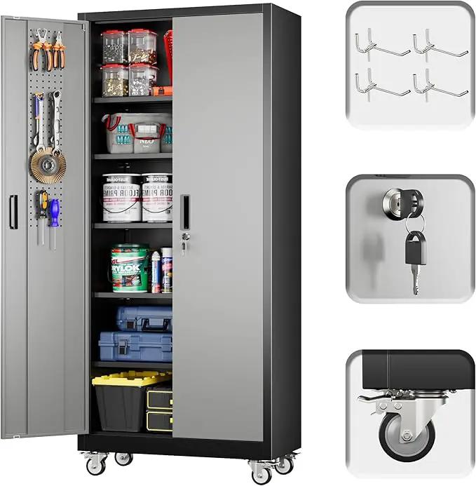 71" H×32" W×16" D Garage Storage Cabinet with Wheels & Pegboard, Locking Metal Storage Cabinet with Doors and 5 Adjustable Shelves & & 4 Hooks for Garage Warehouse Home Office, Black and Gray by GreenHaven Gardens