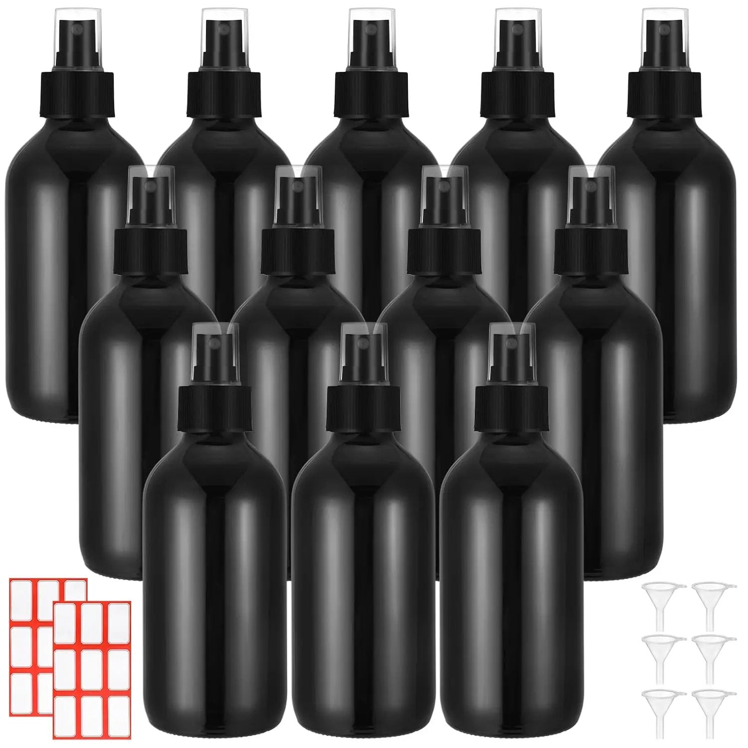 Norme 12 Pcs 8 oz Glass Spray Bottles with Funnels and Labels Refillable Cosmetic Empty Spray Bottles with Sprayer Containers for Essential Oil Cleaning Solutions(Black,Stylish) by GreenHaven Gardens