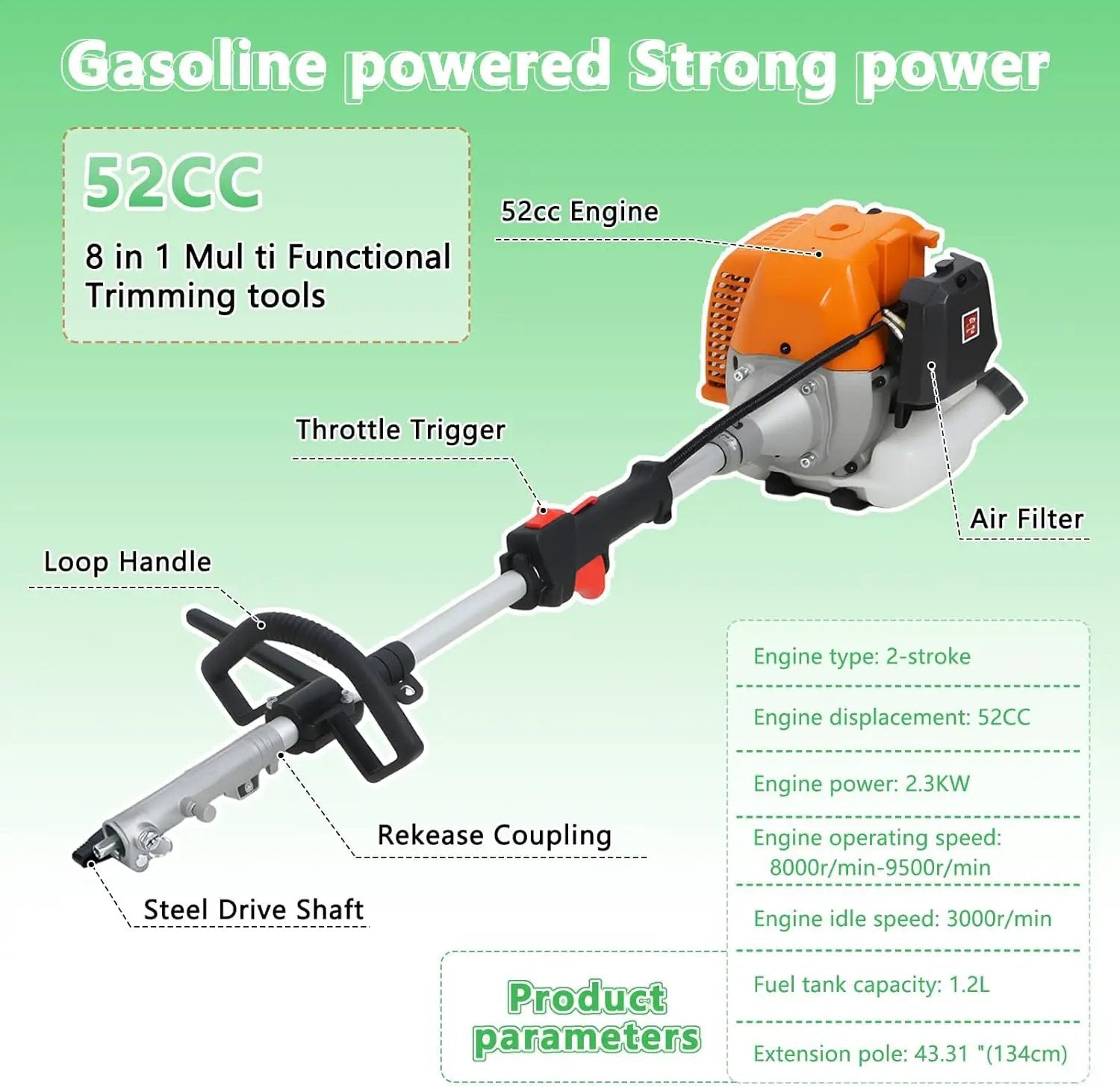8 in 1Gas Weed Eater,52cc 2 Stroke Full-Functional Petrol Hedge Trimmer,Gas Weed Wacker,Grass Cutter Machine,Straight Shaft Grass Trimmer Cordless for Gardening (Orange) by GreenHaven Gardens
