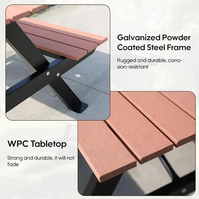 4FT Outdoor Picnic Table and Bench Set with 2" Umbrella Hole, WPC Tabletop Seattop Patio Dining Set for 4 People, Outdoor Dining Table and Chair for Park Garden Yard Patio- Brown by GreenHaven Gardens