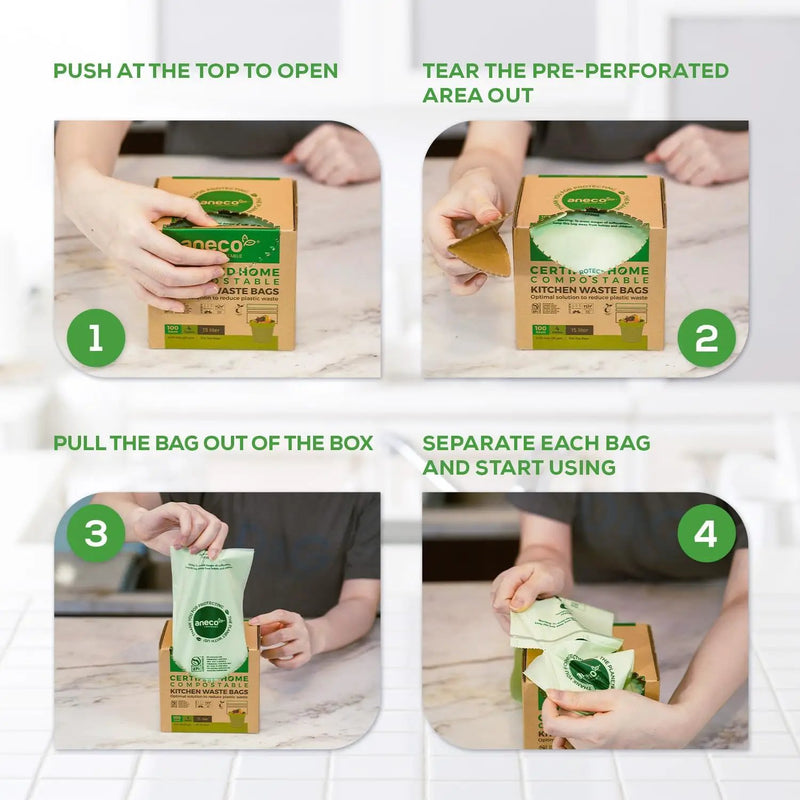 ANECO Compostable Trash Bags 4 Gallon (Flat-Top, 100 Count), Extra Strong for Medium Kitchen Garbage, OK Compost HOME & BPI Certified Compostable by GreenHaven Gardens