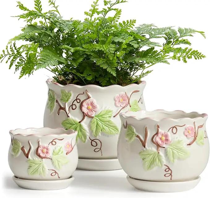 Ceramic Plant Pots with Drainage Holes and Saucers, Round Flower Pots for Indoor Plant, 3.9/5.2/6.7 Inches Small Flower Planters Set of 3 by GreenHaven Gardens